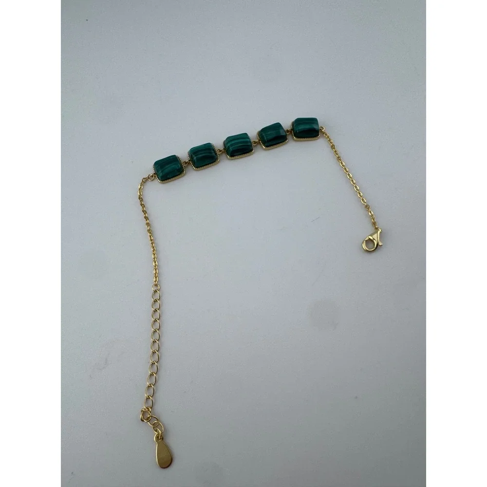 Green Malachite Style Bracelet Gold Tone Chain Rectangle Stones Adjustable